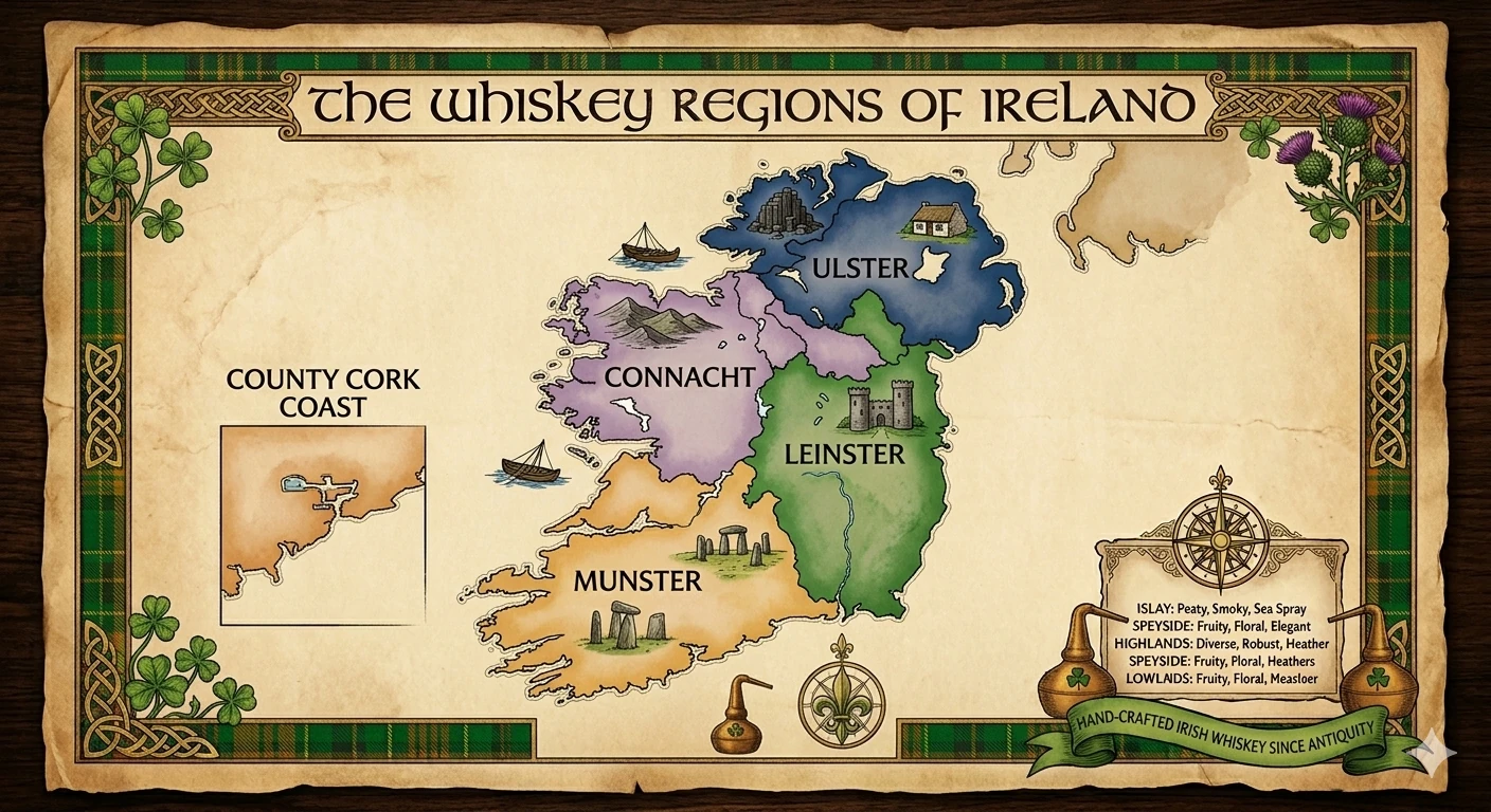Verzierte Irland-Karte. Überschrift: The Whiskey Regions of Ireland. Farblich gekennzeichnete Whiskey-Regionen Irlands: County Cork Coast, Ulster, Connacht, Leinster, Munster