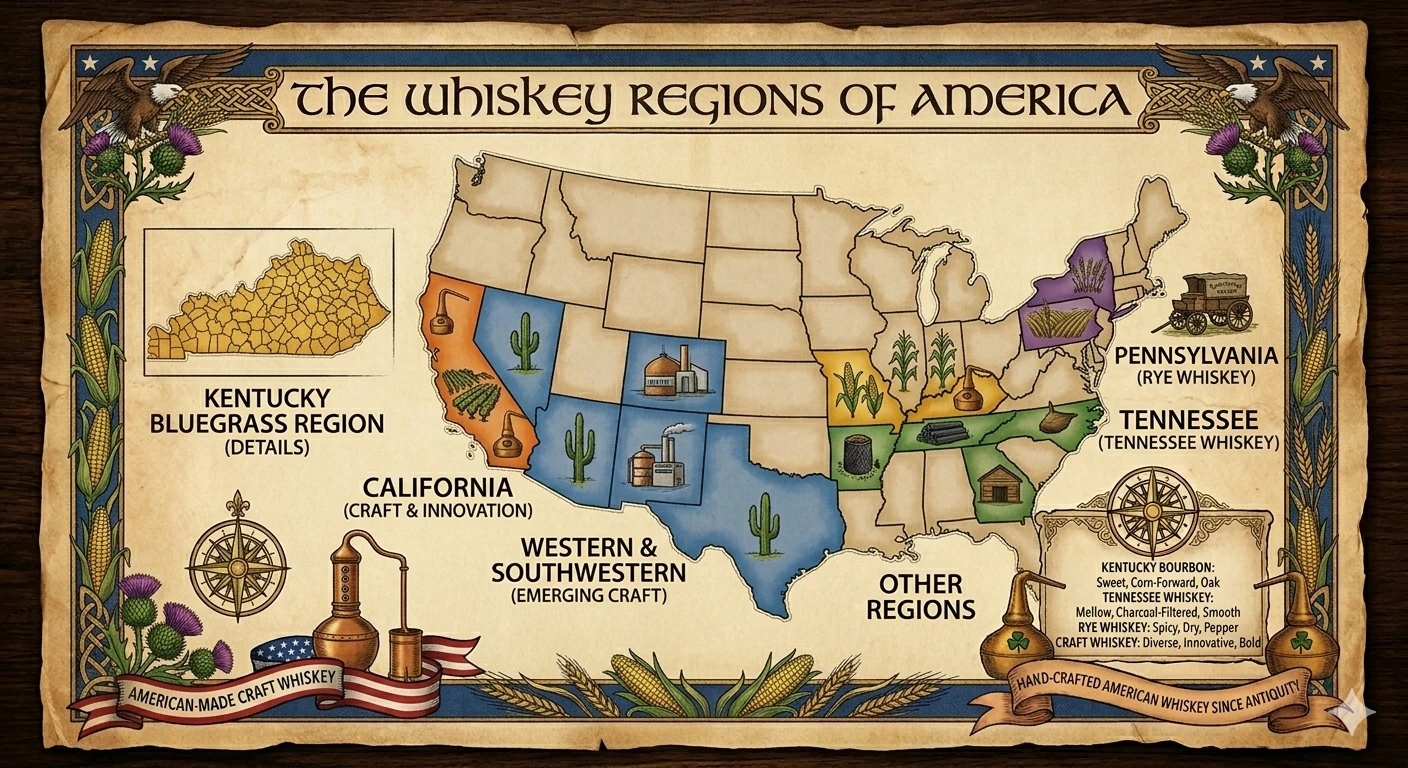 Verzierte USA-Karte. Überschrift: The Whiskey Regions of America. Farblich gekennzeichnete Whiskey-Regionen der USA: Kentucky Bluegrass Region, California, WQestern&Southwestern, Tenessee, Pensylvania und Other Regions